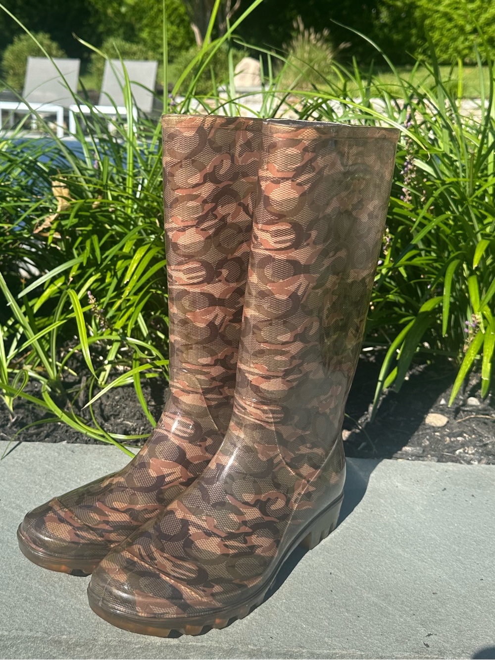Coach Pixy Camouflage Pattern Brown Rubber Knee High Rain Boots Size 9